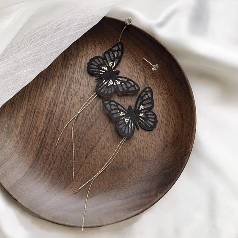 Retro Chinese-style butterfly long tassel earrings, feminine and ethereal earrings and earrings, Jieya steel jewelry detail image 2
