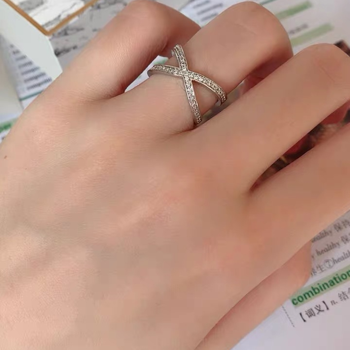 Aura full open cross opening ring big sense advanced hand fine inlaid zircon ring Europe and the United States