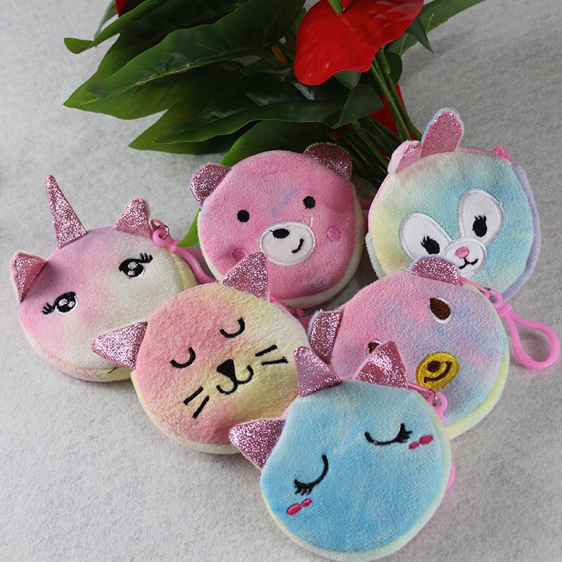 Unicorn fur crossbody bag Cute cartoon ice cream color tie dye round zipper earphone bag Girls coin purse multicolor cartoon coin purse