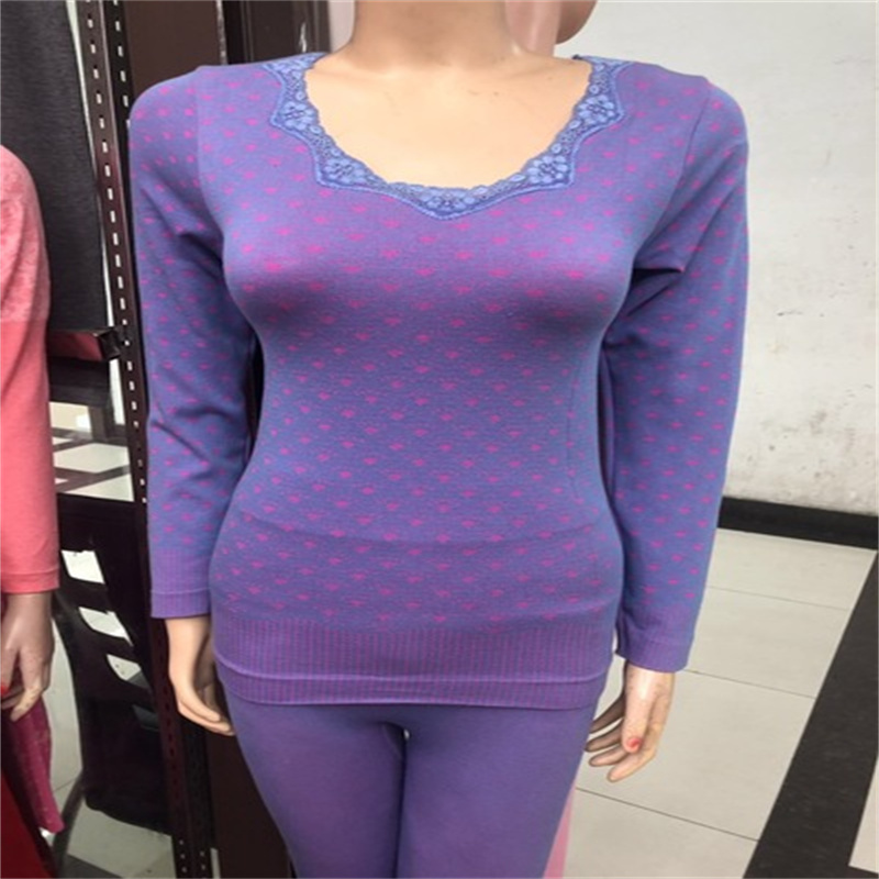 Linan Long Johns Women's Thin Lace Lace Tight Winter Thermal Underwear Set Women's Round Neck Body Underwear 14