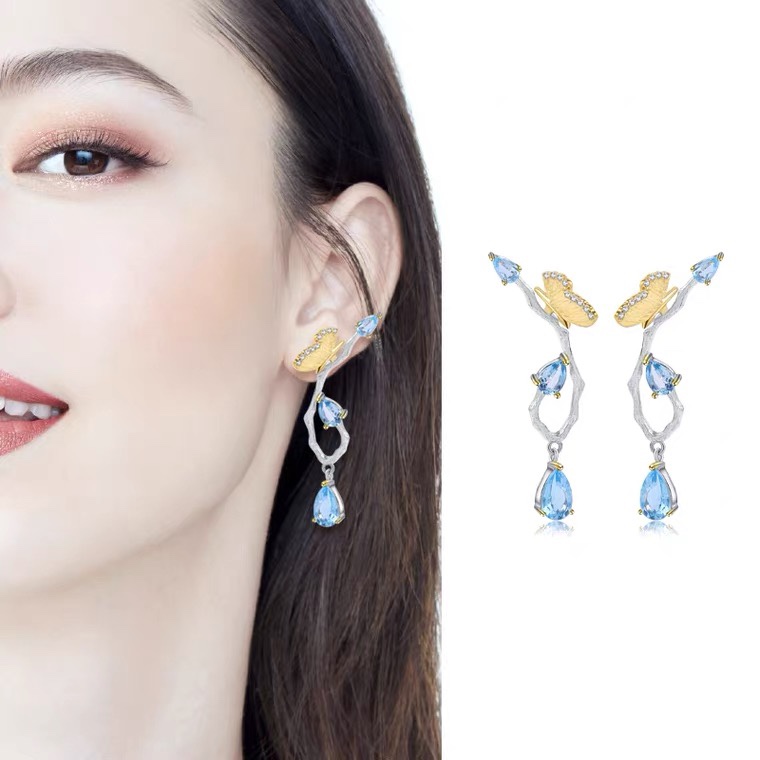Yellow butterfly earrings Star Shell long earrings Retro delicate high-end atmospheric zirconium earrings
