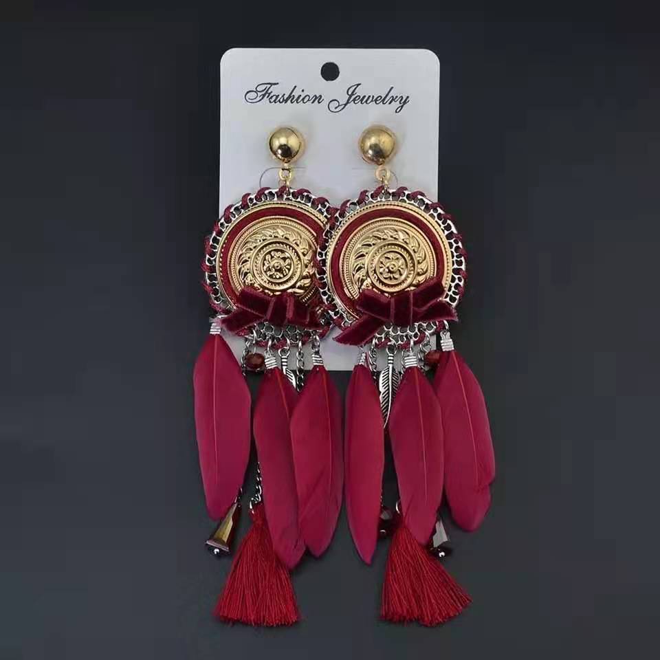 J31 Indian Foreign Trade vintage earrings Feather fringe earrings Fashion ethnic style long earrings