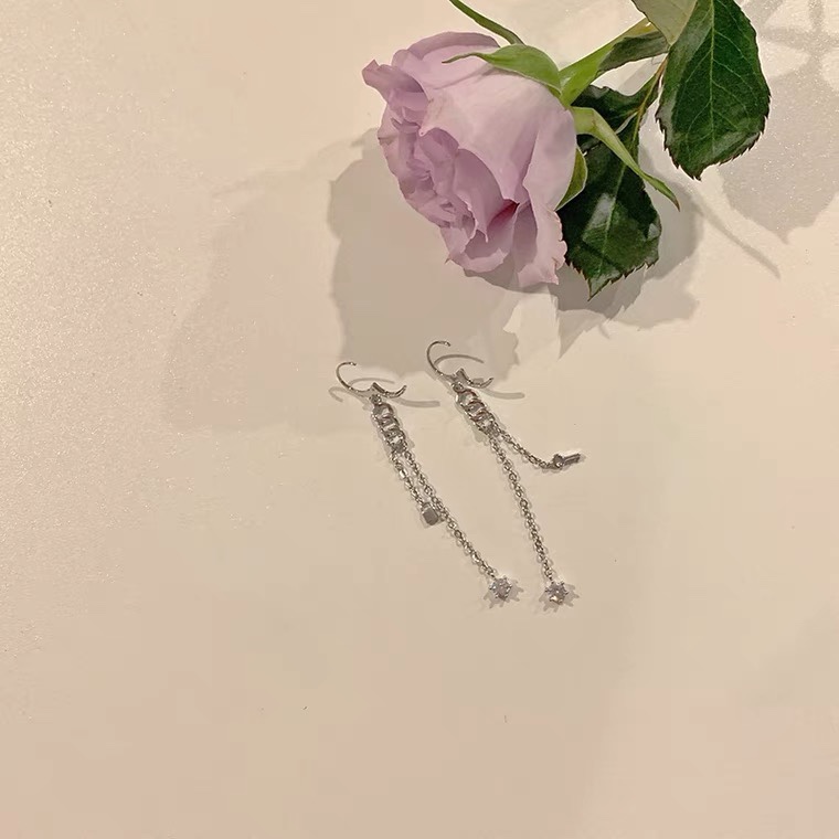 Chain ear buckles, star-shaped shell long earrings, retro, exquisite, high-end and elegant, with zirconium earrings