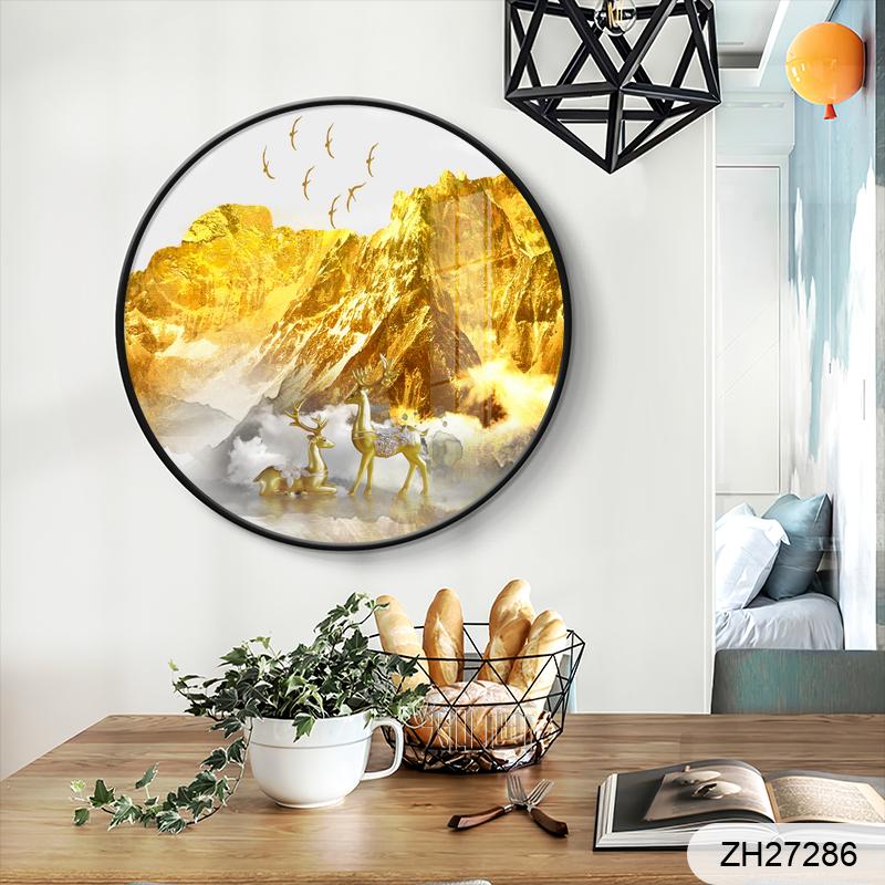 富贵金山意境新中式山水飞鸟客厅装饰画晶瓷画