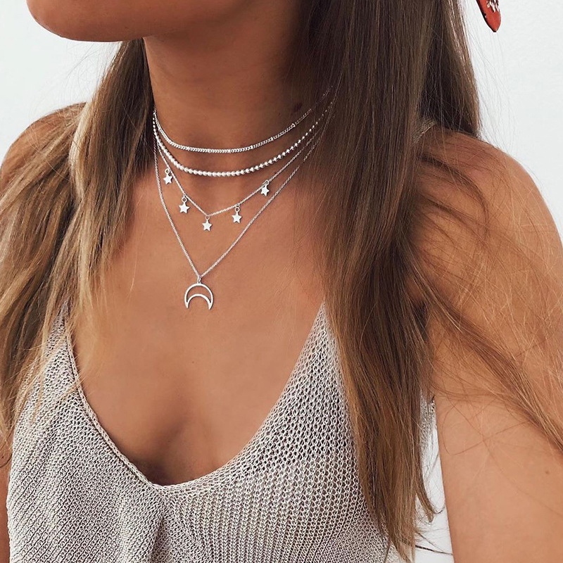 European and American cross-border exclusive accessories, fashionable and versatile five-pointed star tassel necklace, moon-wide pendant necklace, necklace for women