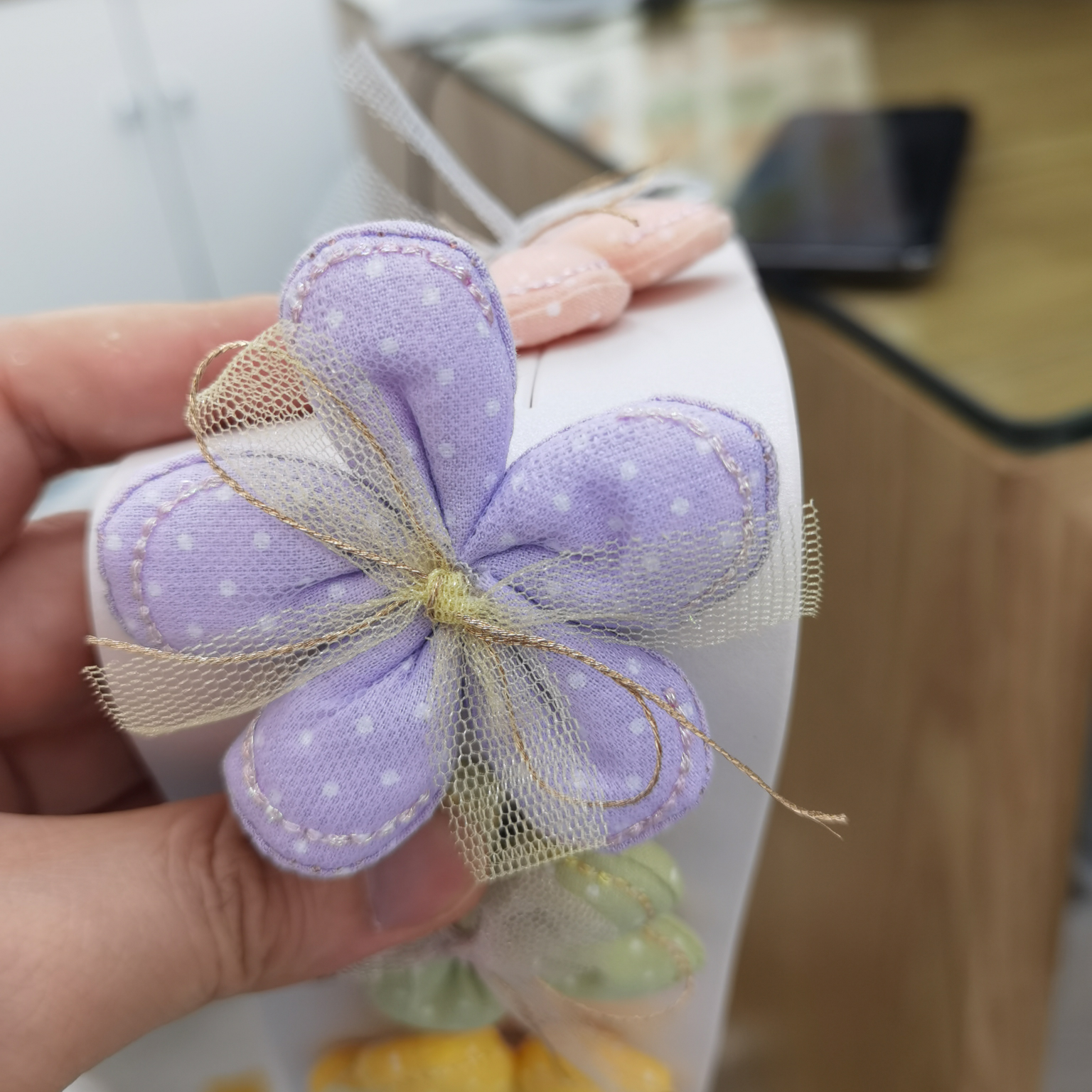 Dot cotton five-petal flower with gauze fabric bow - purple