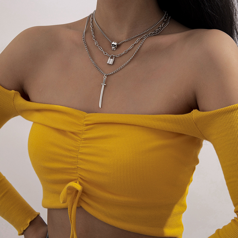 Long sword skull three-piece necklace, popular collarbone chain, multi-layer ACC sweater chain, pendant lock, mixed and stacked chain detail image 2