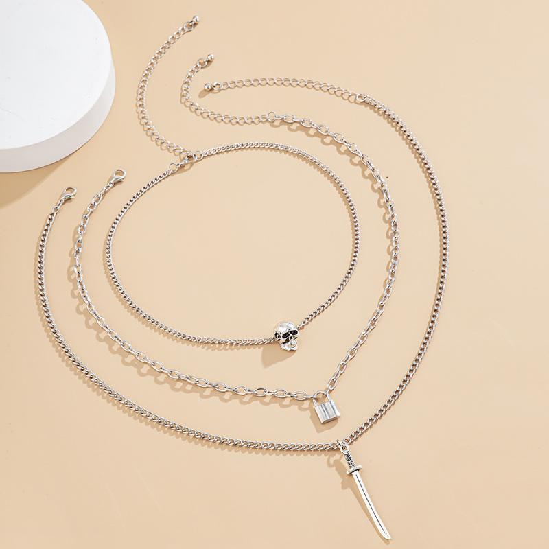 Long sword skull three-piece necklace, popular collarbone chain, multi-layer ACC sweater chain, pendant lock, mixed and stacked chain detail image 6