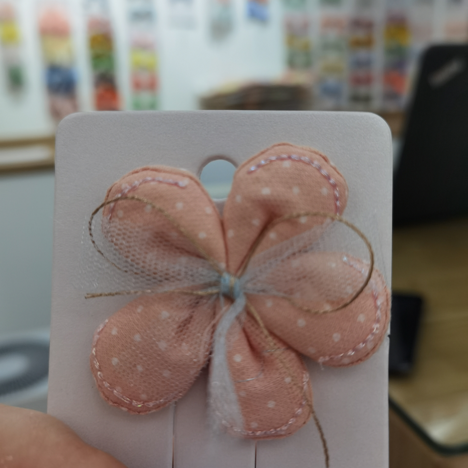 A small dot cotton five-petal flower with gauze fabric bow - pink