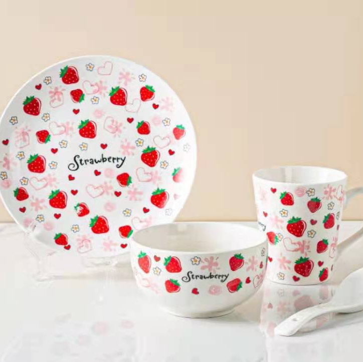 The same style of home macaron ceramic children's set as Douyin, home strawberry pattern breakfast cup coffee set