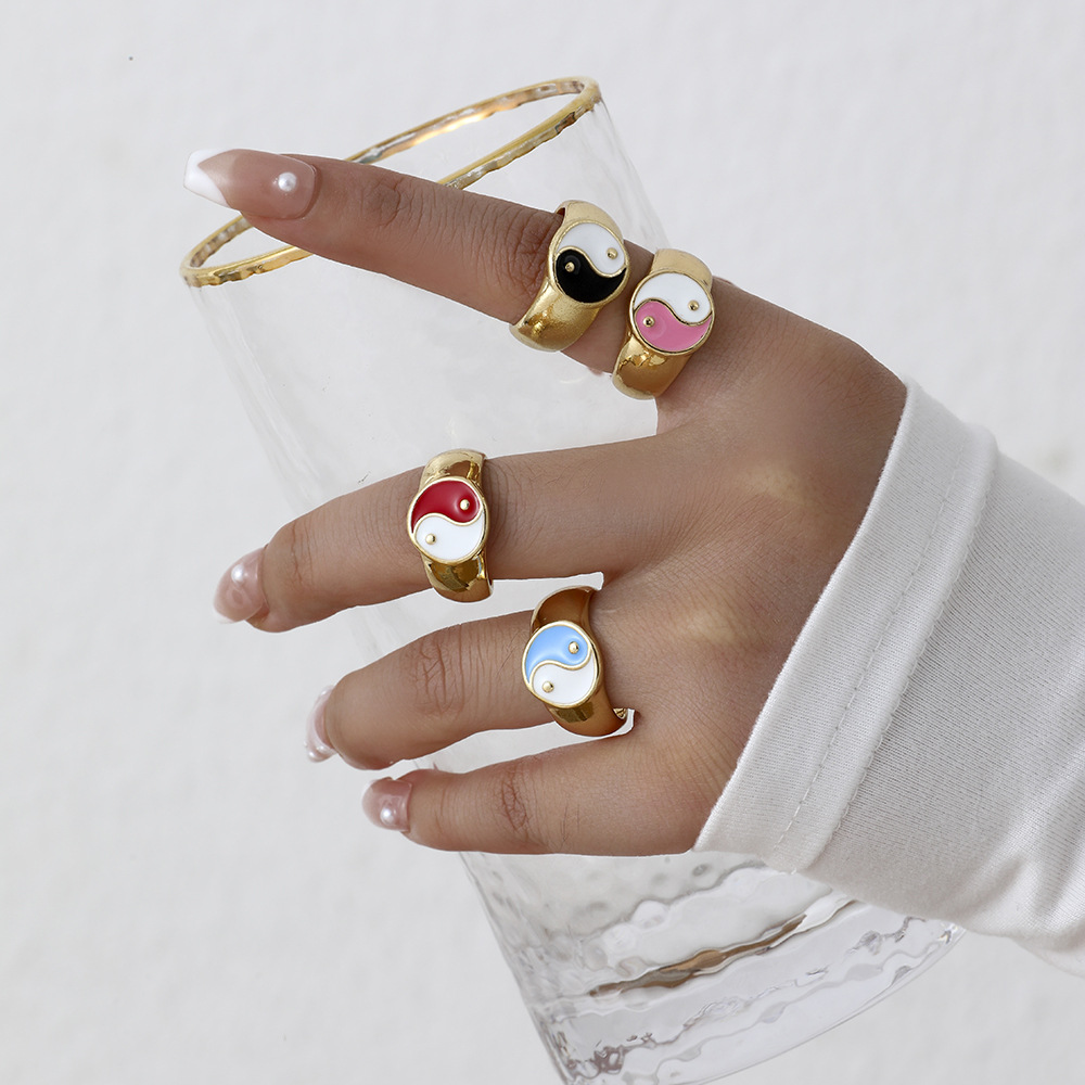 Fengyu European and American cross-border new Black and white Tai Chi Ring Alloy retro ins Simple Yin-Yang Bagua multi-color ring Accessory 022 detail image 9