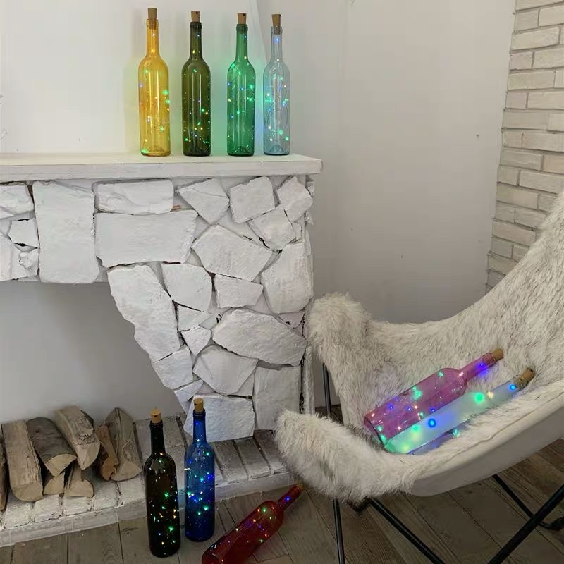 发光红酒瓶许愿瓶幸运星漂流瓶子酒吧装饰简约彩色玻璃瓶瓶塞灯串绿色瓶子细节图