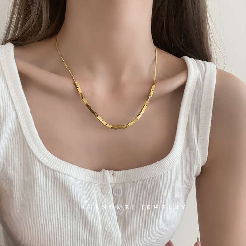 A small square snake bone chain necklace with a European and American design sense, a trendy 2021 new light luxury and niche collarbone chain for women on Instagram details Picture