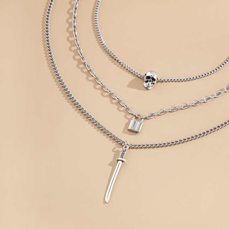 Long sword skull three-piece necklace, popular collarbone chain, multi-layer ACC sweater chain, pendant lock, mixed and stacked chain Specification image