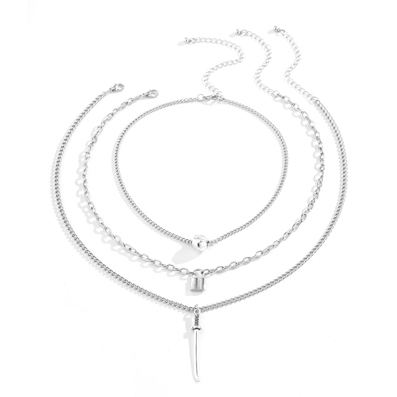 Long sword skull three-piece necklace, popular collarbone chain, multi-layer ACC sweater chain, pendant lock, mixed and stacked chain detail image 9