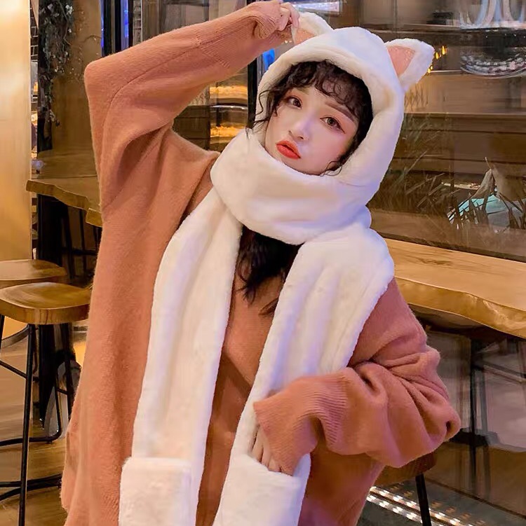 猫耳朵帽子女冬季百搭可爱毛绒围巾连帽一体手套韩版潮