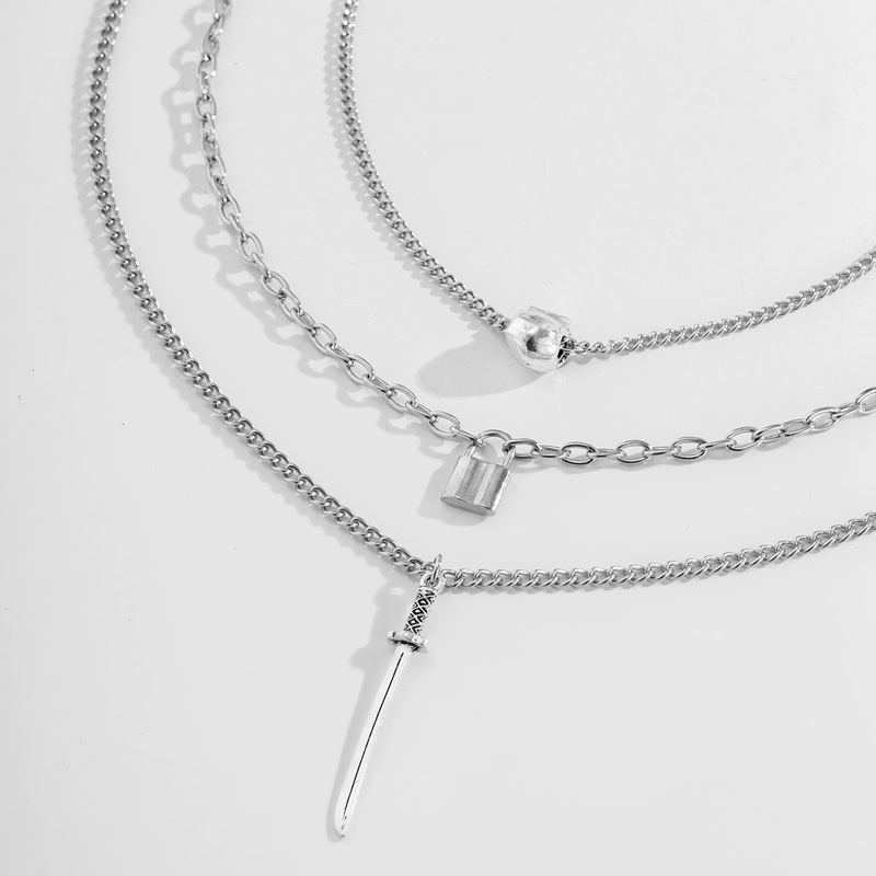 Long sword skull three-piece necklace, popular collarbone chain, multi-layer ACC sweater chain, pendant lock, mixed and stacked chain detail image 8