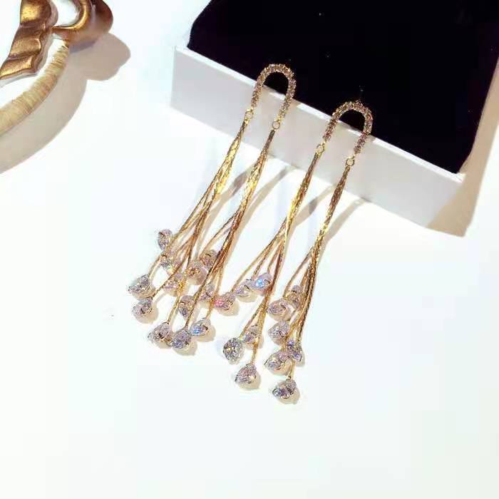 2021 D3 fashion accessories Bohemian fringe earrings exaggerated European and American crystal earrings long thin