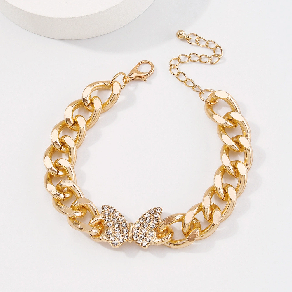 B1348 Fashionable hip-hop simple punk style butterfly bracelet, European and American alloy diamond-encrusted exaggerated thick chain bracelet for women detail image 3