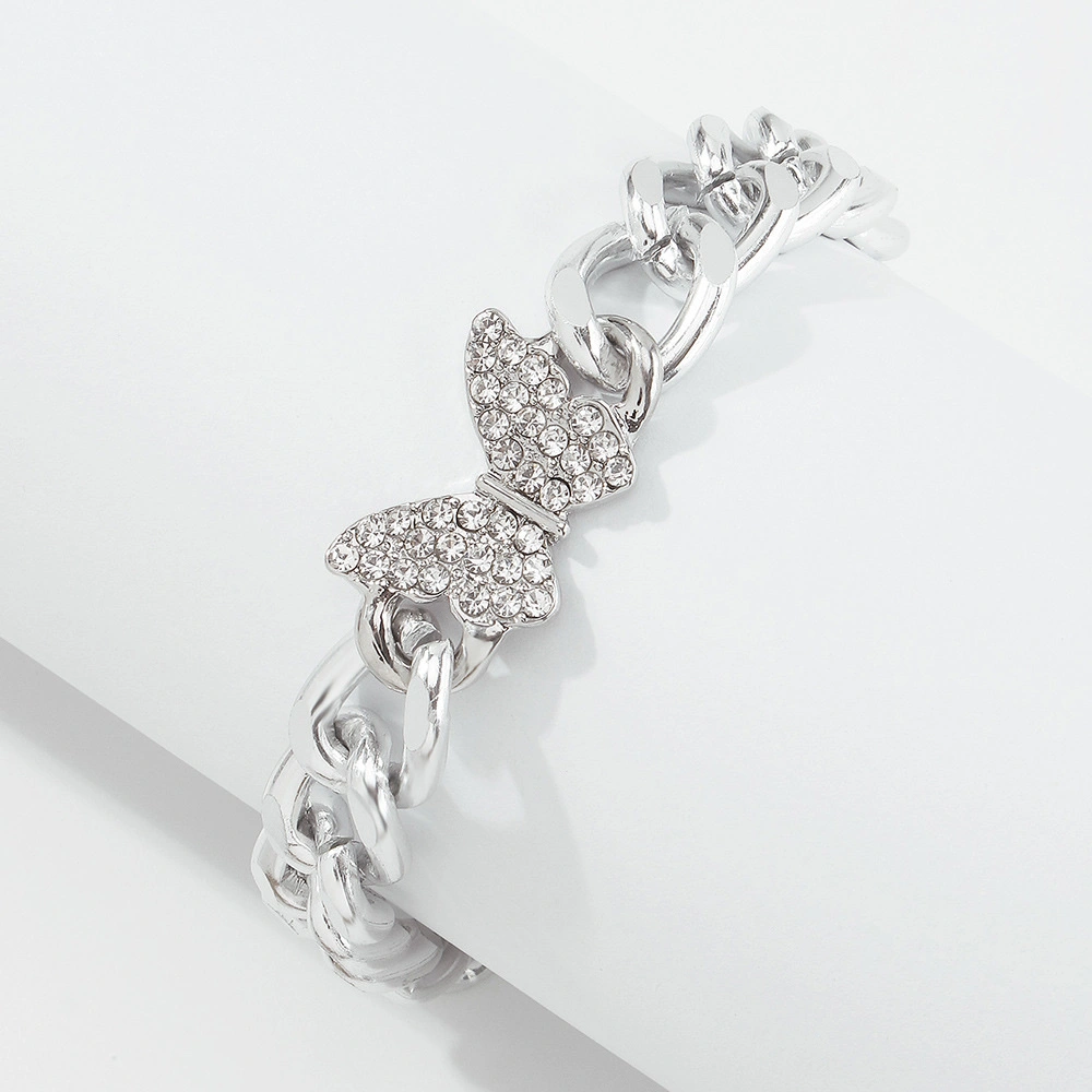 B1348 Fashionable hip-hop simple punk style butterfly bracelet, European and American alloy diamond-encrusted exaggerated thick chain bracelet for women detail image 1