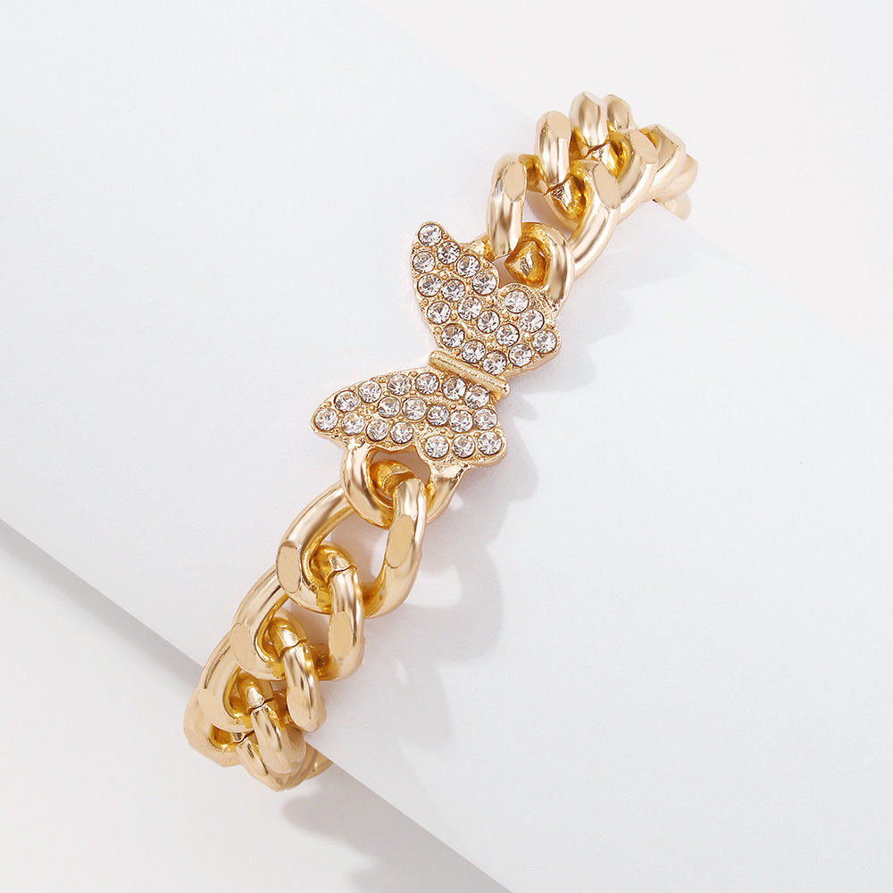 B1348 Fashionable hip-hop simple punk style butterfly bracelet, European and American alloy diamond-encrusted exaggerated thick chain bracelet for women Item Picture