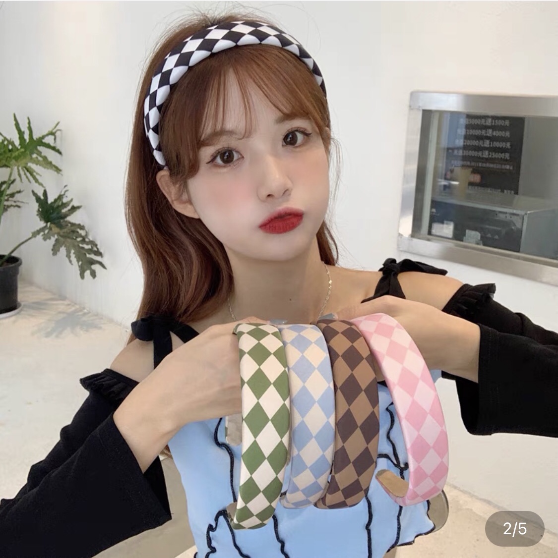 Checkerboard headband female summer non-slip pressure hair wide edge temperament headband net red 2021 new hair card fairy hair band hair accessories thumbnail