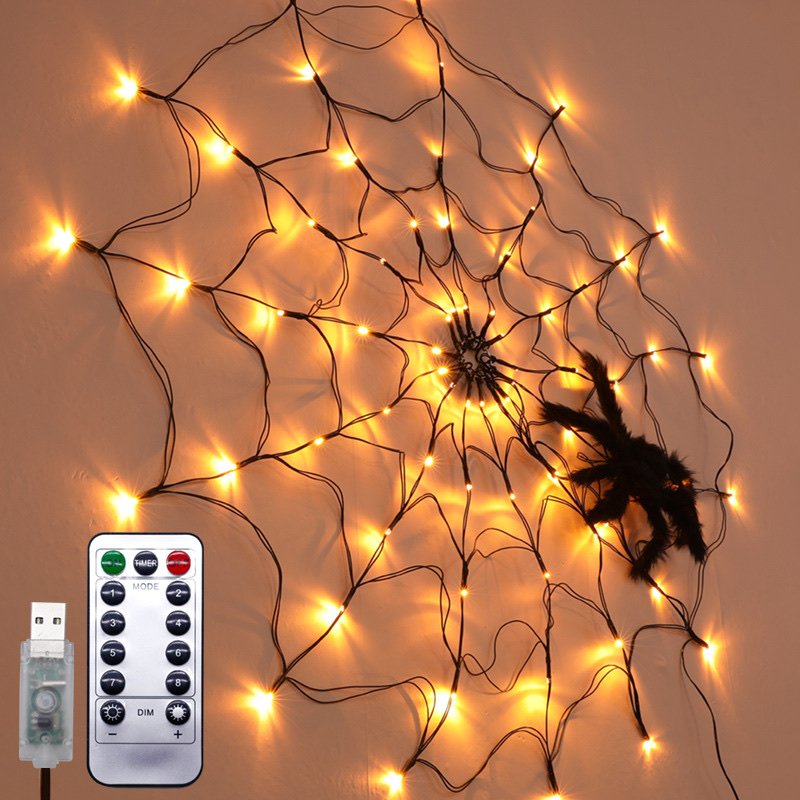 Cross-border new Halloween decoration LED spider web lights, indoor and outdoor atmosphere decoration, Ghost Festival props remote control lights, warm white Application Scenario