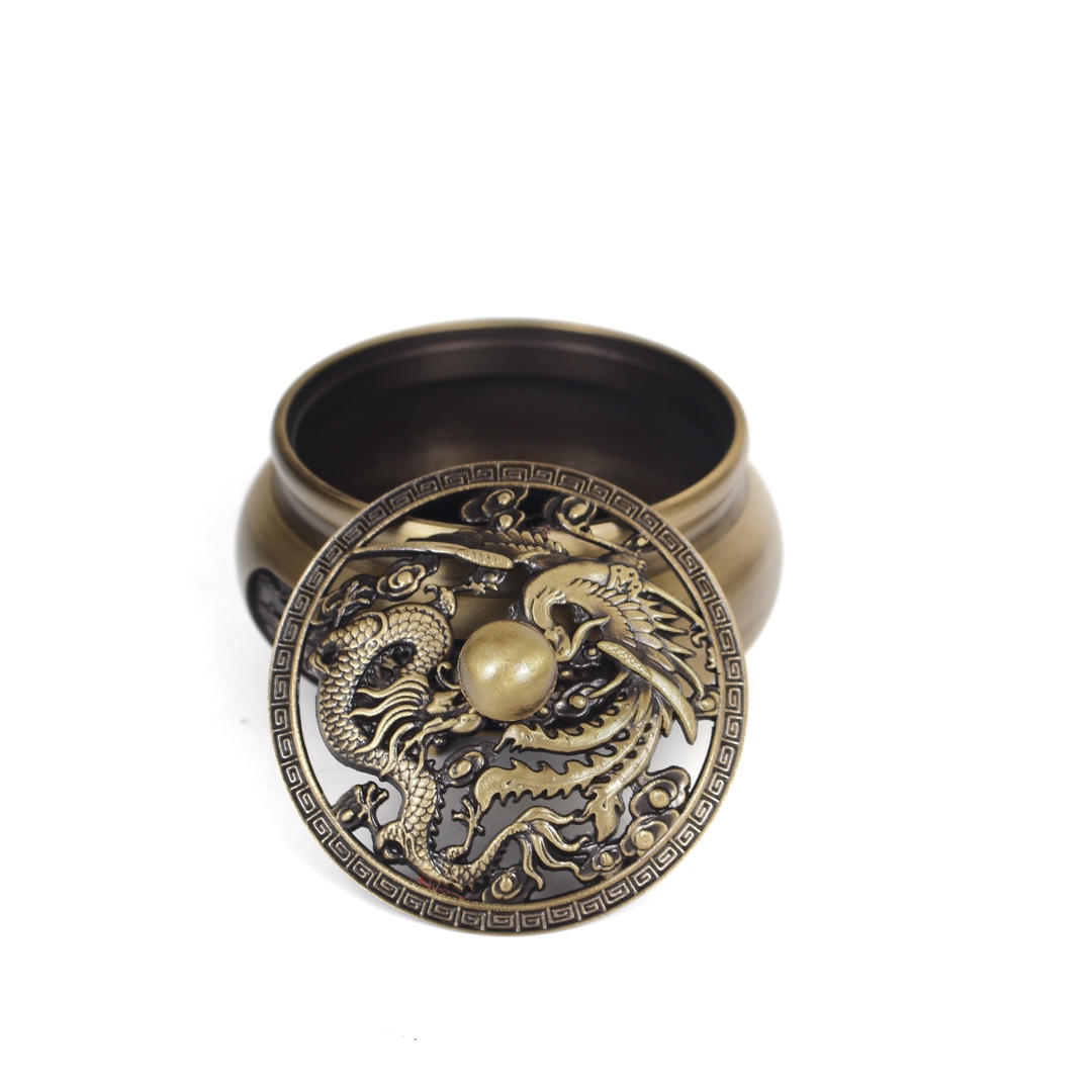 ——铜炉·【雕龙凤小三足炉】
型号：T413如意
规格：外径7.3口径5.3*高6.3cm