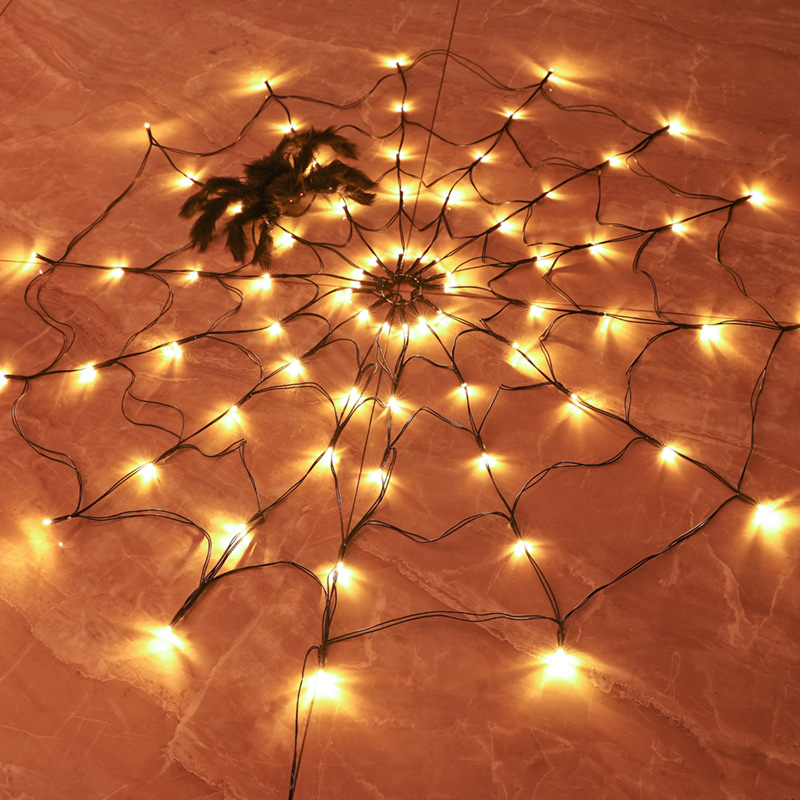 Cross-border new Halloween decoration LED spider web lights, indoor and outdoor atmosphere decoration, Ghost Festival props remote control lights, warm white details Picture