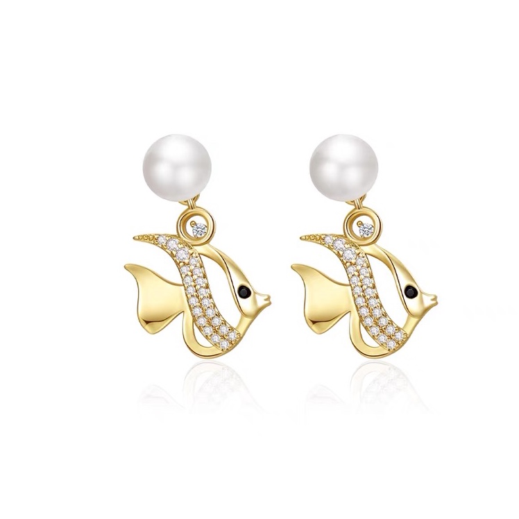 Small fish pearl earrings, star shell long earrings, retro, exquisite, high-end and elegant, with zirconium inlaid earrings
