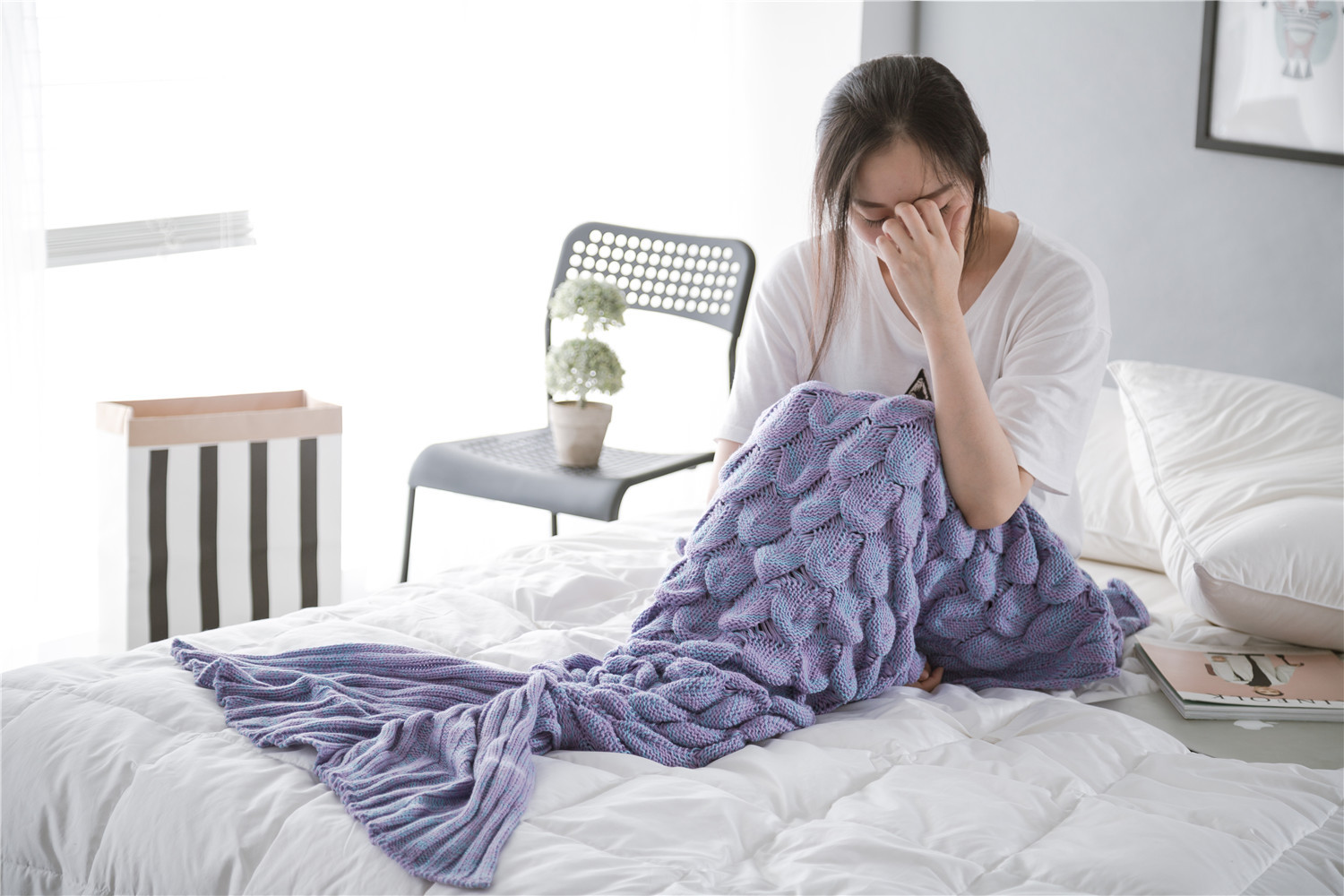 Mermaid sleeping bag, mermaid tail blanket, fish scale knitted woolen blanket, exit detail image 10