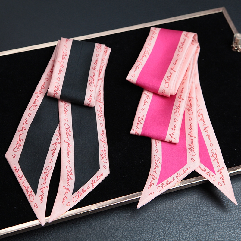 裸粉拼色桑蚕丝加长职业领巾绑包手柄带发带真丝斜纹丝巾飘带围巾