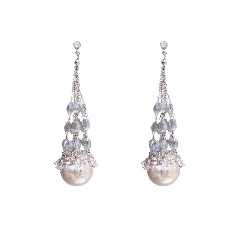 Light chain pearl earrings, star-shaped shell long earrings, retro, exquisite, high-end and elegant, with zirconium earrings