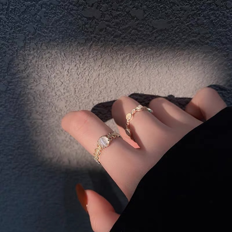Korean opal two-piece ring set niche open adjustable index finger ring retro ins cold wind ring tide
