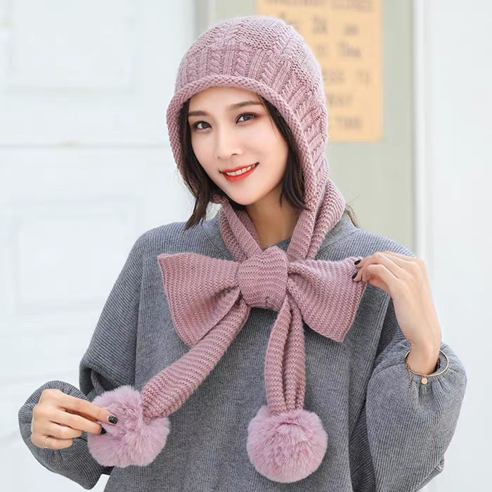 CAI MAO Shuang Quan Hat Industry Factory Direct sales and wholesale: Scarf and hat in one piece, warm and fashionable in autumn and winter. Korean style cute winter woolen hat one-piece set