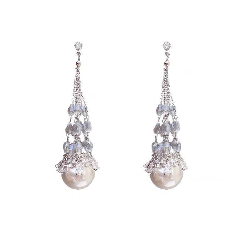 Light chain pearl earrings, star-shaped shell long earrings, retro, exquisite, high-end and elegant, with zirconium earrings details Picture