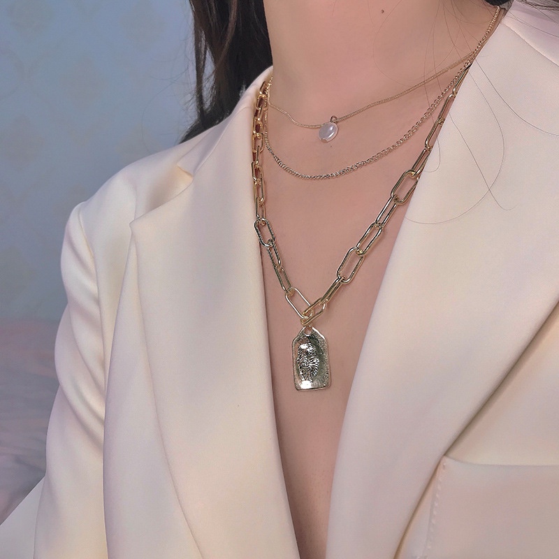 欧美夸张冷淡风多层戴金属项链女人头像珍珠项链颈链时尚锁骨链女
