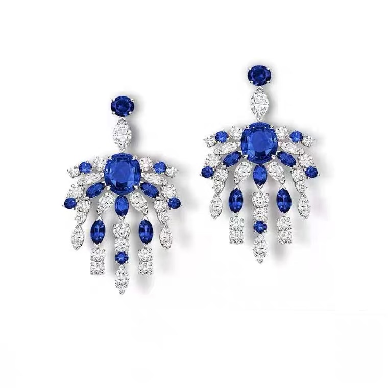 Sapphire beaded earrings, retro and unique, long super flash zircon, ethnic style, versatile, tassel, seven-color earrings, copper earrings, Yiwu zircon details Picture