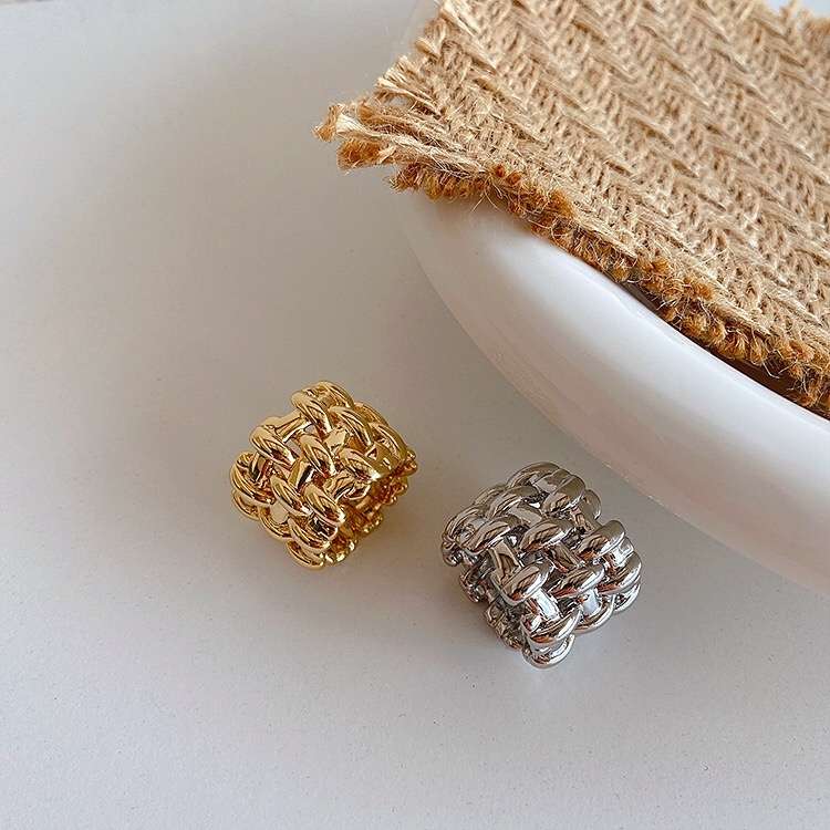 Yuzhu -033 Cold and elegant style, niche design sense, thick gold color retention metal woven, ins versatile open ring, index finger ring details Picture