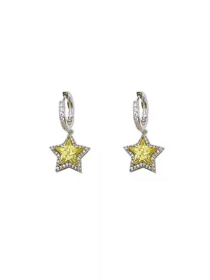 Yellow star ear buckles, retro and unique, long super flash zircon, ethnic style, versatile, tassel, seven-color earrings, copper earrings, Yiwu zircon details Picture
