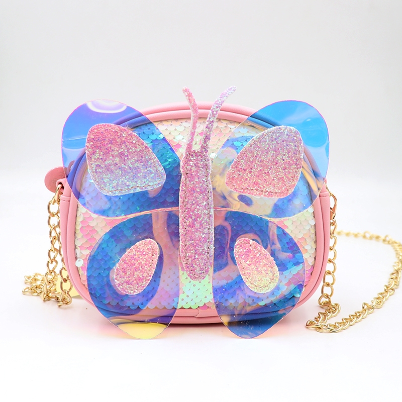 2021新款儿童包包小女孩蝴蝶斜挎包镭射可爱公主时尚洋气链条潮包