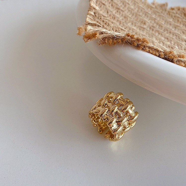 Yuzhu -033 Cold and elegant style, niche design sense, thick gold color retention metal woven, ins versatile open ring, index finger ring Specification image