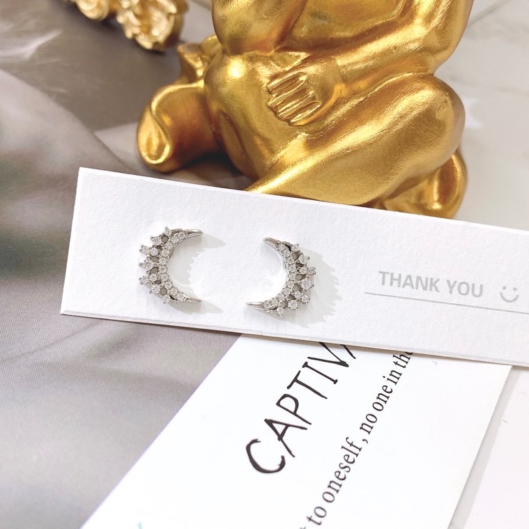 新款通体925银月亮锆石耳钉情人节和送女生礼物韩式银饰白底实物图