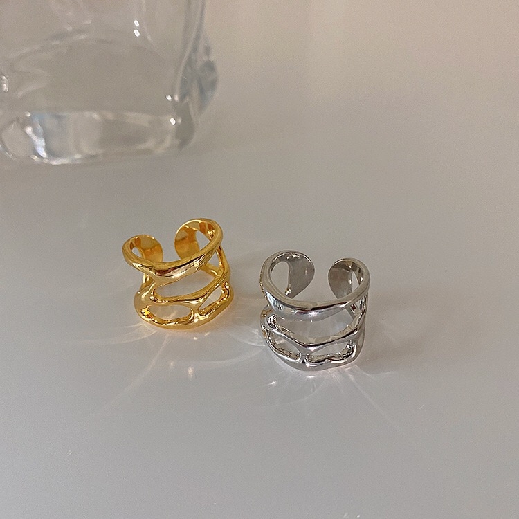 Yuzhu -037: A niche design, gold-plated metal with a unique opening, fashionable and retro style, adjustable cross, irregular and cold style ring Specification image