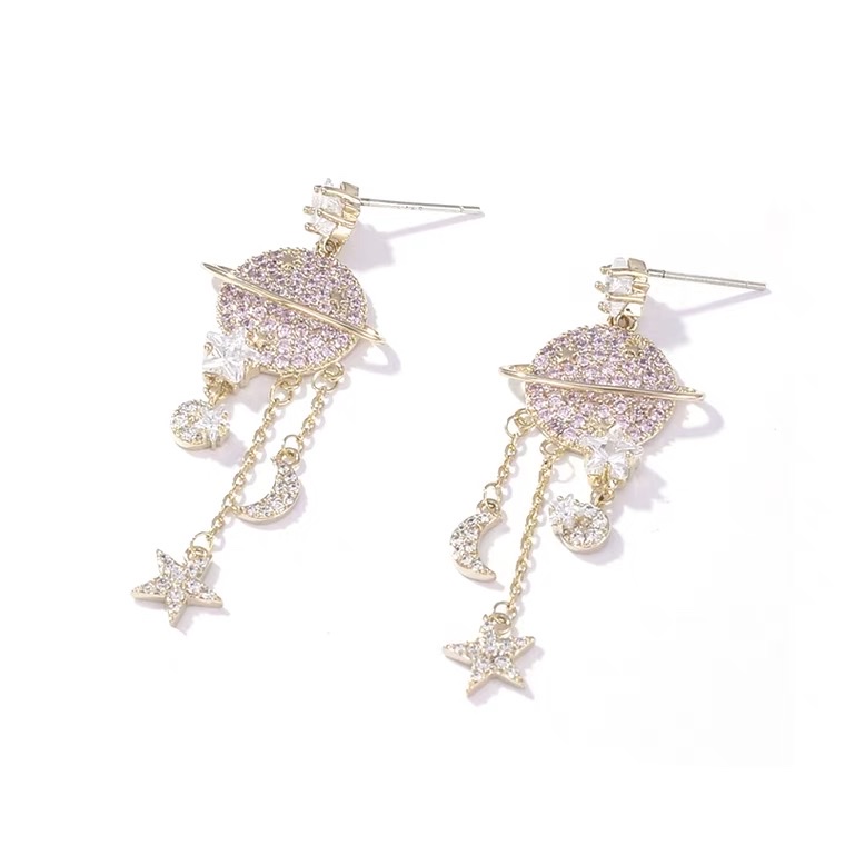 Planet Earrings 3: Retro, Unique, Long, Super Sparkling Zircon, Ethnic style, versatile, tassel, seven-color earrings, Copper earrings, Yiwu Zircon details Picture