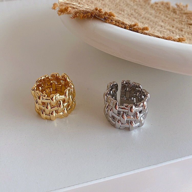Yuzhu -033 Cold and elegant style, niche design sense, thick gold color retention metal woven, ins versatile open ring, index finger ring