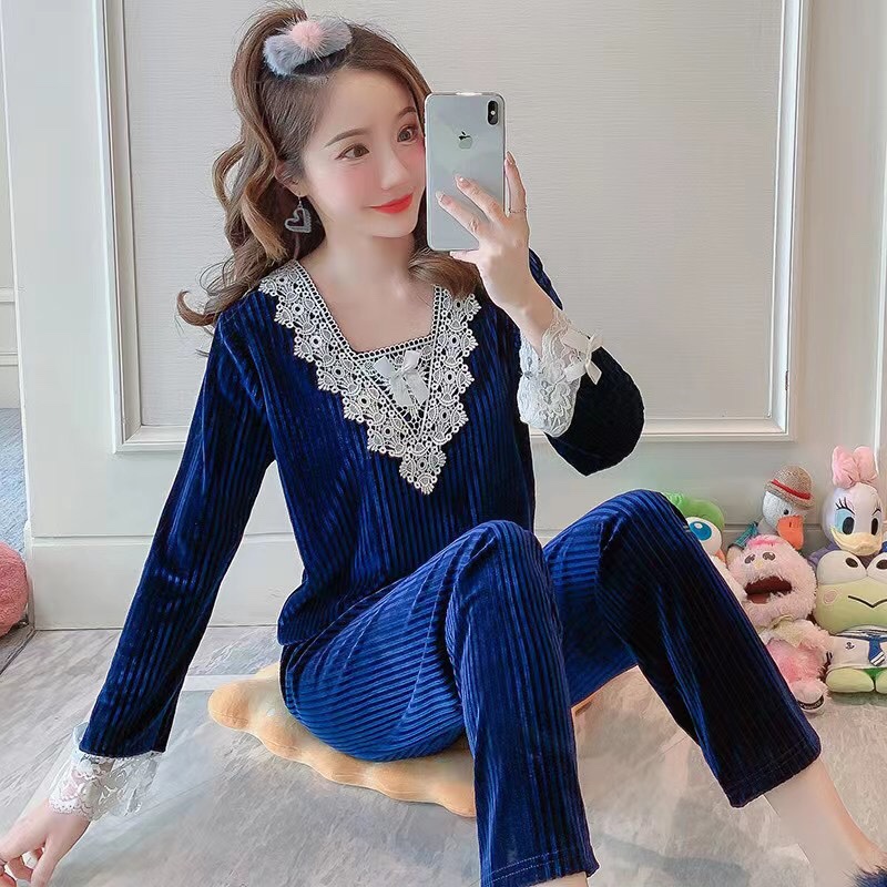 "9011# Group (Batch 43) August Autumn Velvet Lace Trim Long-sleeved Set M-XXL size Yiwu Quality Goods 2021 New Style Special Sale Bestseller Promotion Limited-time Flash Sale Event.
