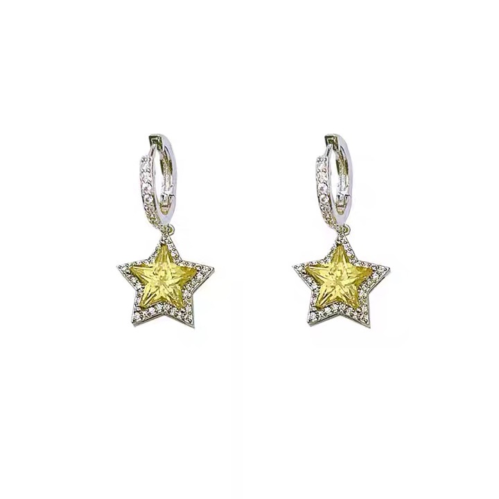 Yellow star ear buckles, retro and unique, long super flash zircon, ethnic style, versatile, tassel, seven-color earrings, copper earrings, Yiwu zircon
