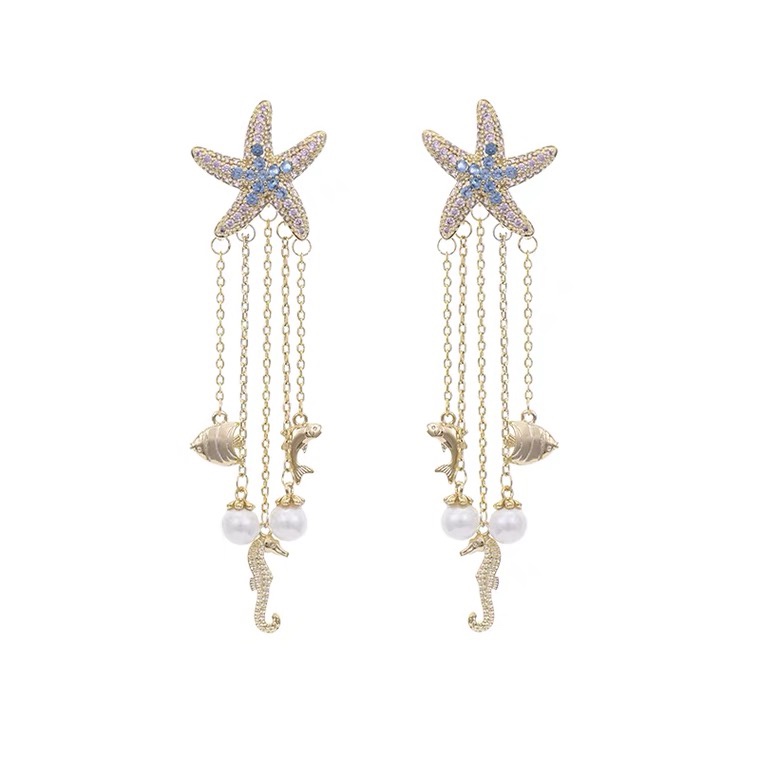 Seahorse earrings retro personality long superflash zircon national wind multi-tassel colorful earrings Copper earrings Yiwu Zircon vv