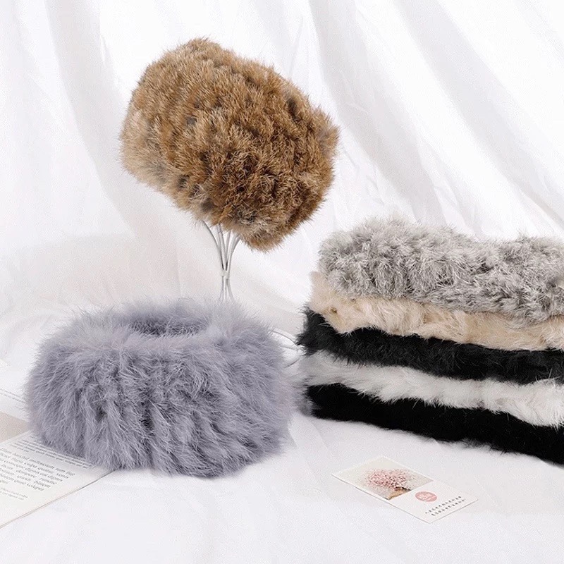 雪梨同款 兔毛发带女冬季皮草帽子围巾保暖编织弹力脖套围脖真毛